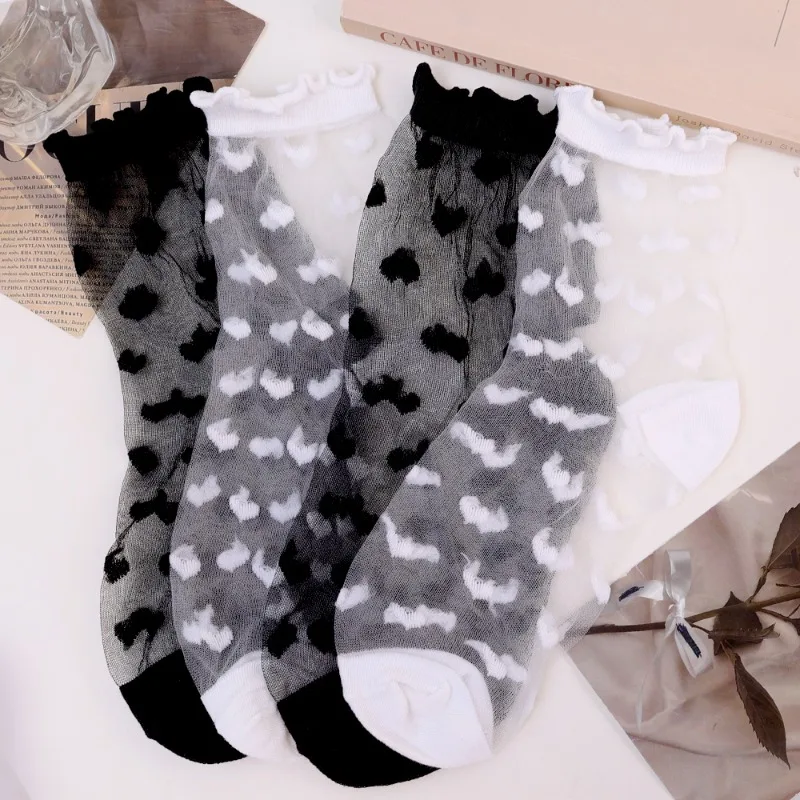 Women Socks French Lace Ruffled Love Heart Pattern Transparent Sheer Mesh Glass Fiber Crystal Silk Mid Tube Stocking