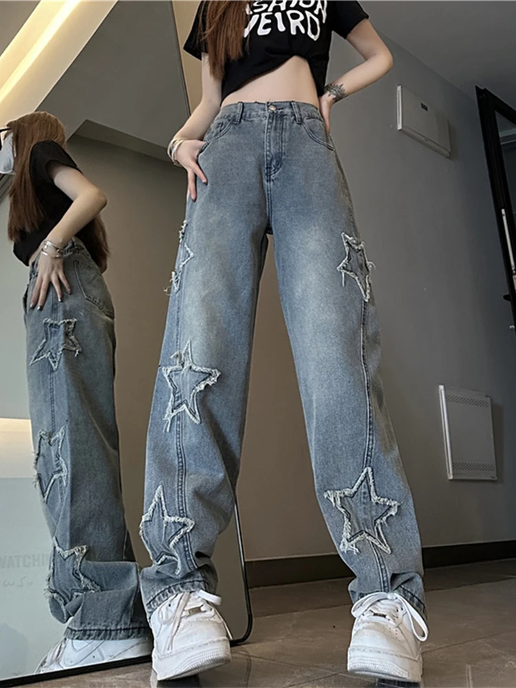 Fashion Women Star Jeans High Waist Patch Straight Denim