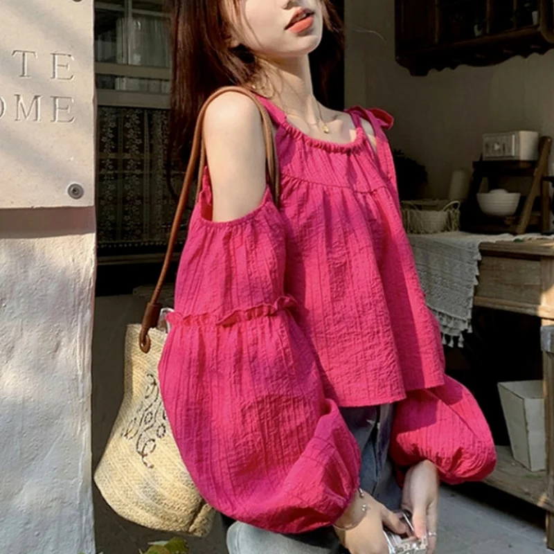 Women y2k Clothes Sexy Solid Color Tie Shoulder Lantern Cold Shoulder Long Sleeve Blouses Tops 2000s Shirts Streetwear