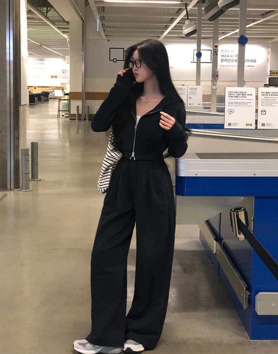 Korean Fashion Streetwear 2-piece Pants Set Women Tracksuit Autumn New Hooded Zip-up Crop Top Long Pants Casual Solid Outfits