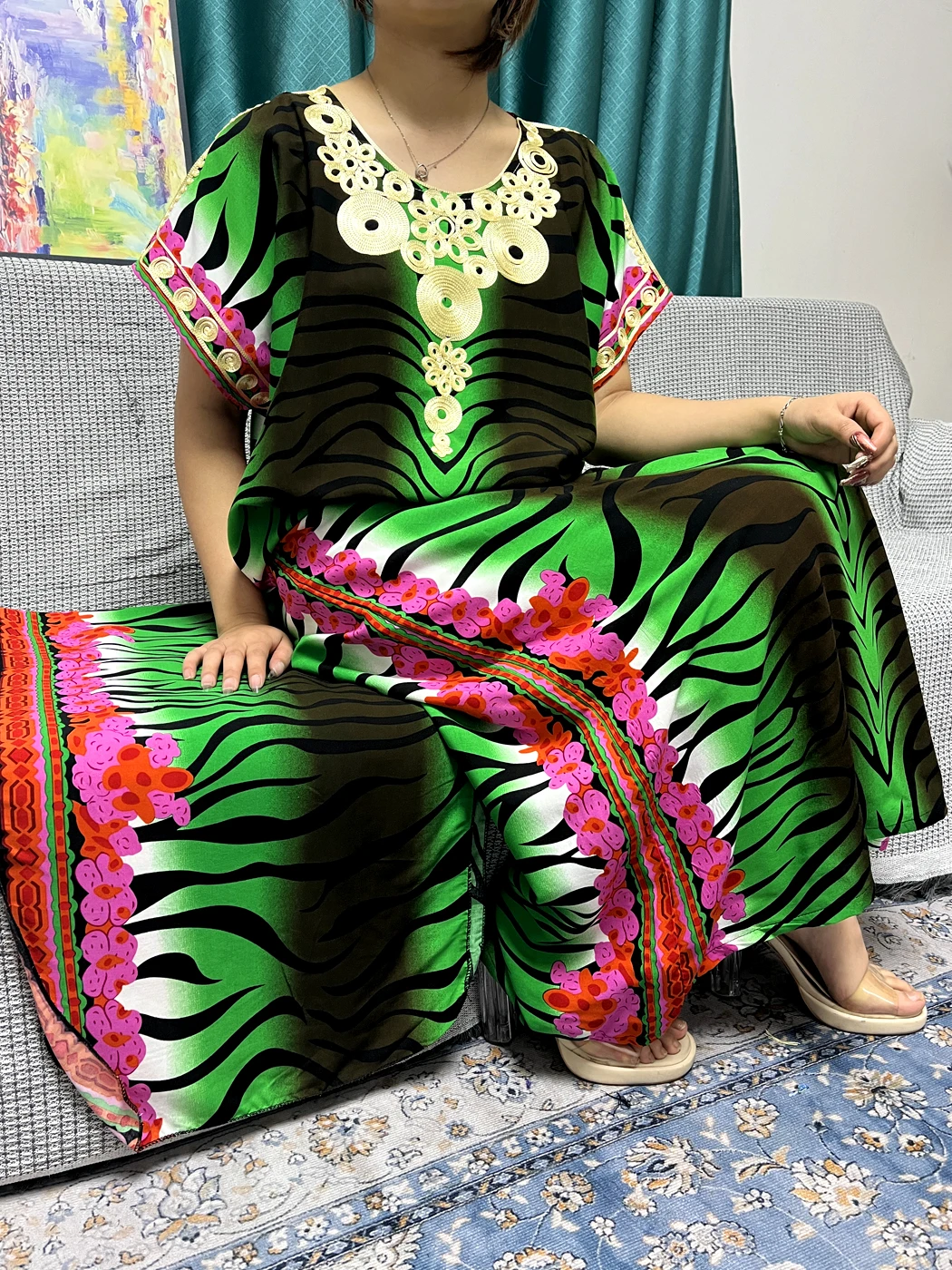 Muslim Abayas For Women 2024 Appliques Cotton Printed Leopard Short Sleeves Loose Femme Robe African Islam Dresses With Turban