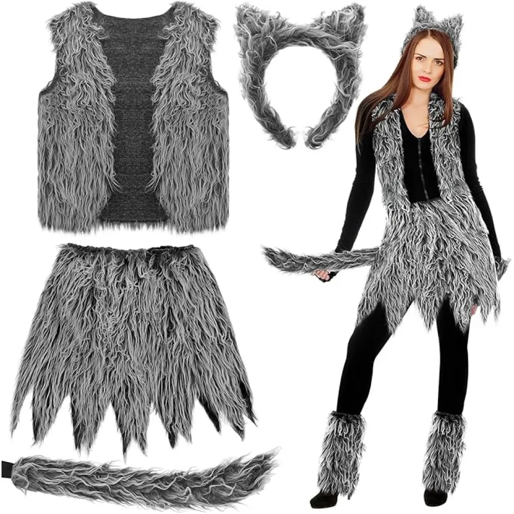 She's Shining Wolf oor hoofdband staart vlinderdas voor dames meisjes, dierentuin dier cosplay kostuum voor halloween valentijn themafeest, grijs
