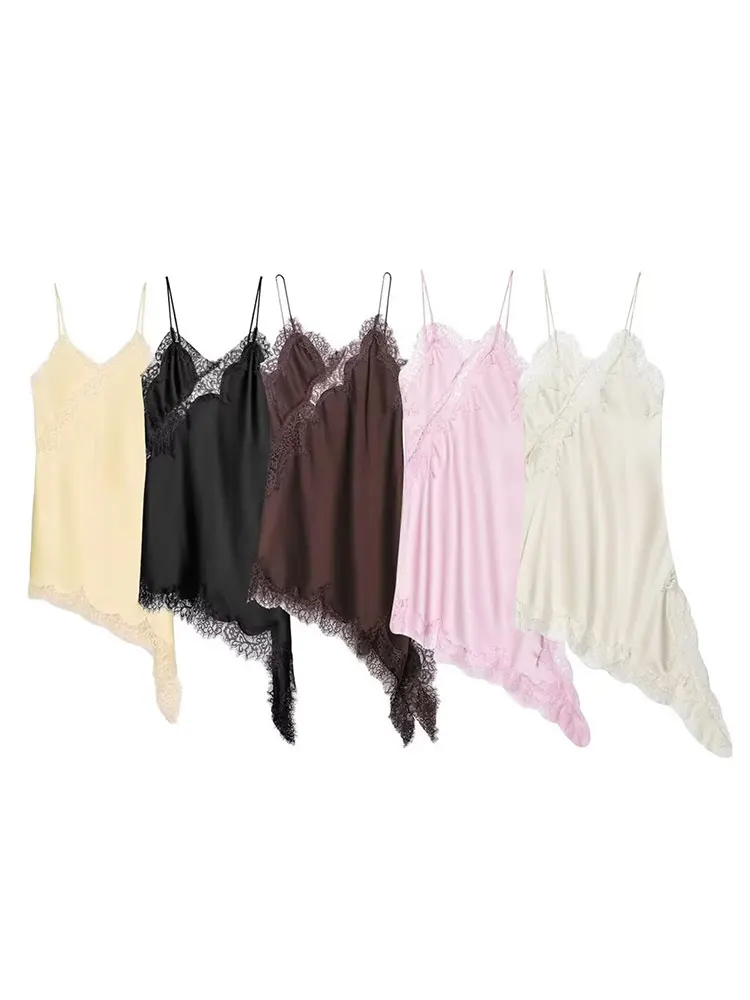 HH Women Sexy Chic Lace Dress Asymmetry Hem Backless Sleeveless V Neck Dresses Woman Elegant Fashion Evening Club Mini Dress