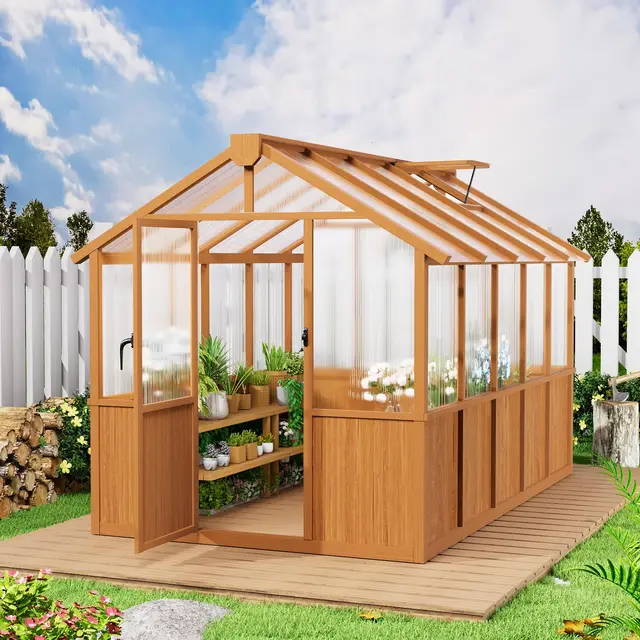6x10 FT Wooden Greenhouse,Natural Wood Garden House for Plants,Heavy Duty Green House with Polycarbonate Panel,, Customized