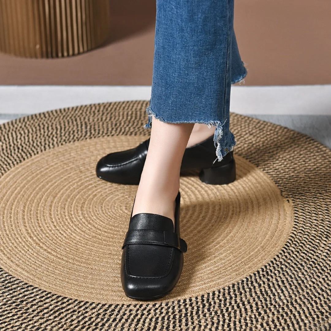 Square Toe Loafers 2022 Spring and Summer New First Layer Cowhide Elegant Low Heel Square Buckle Two-Way Leather Shoes