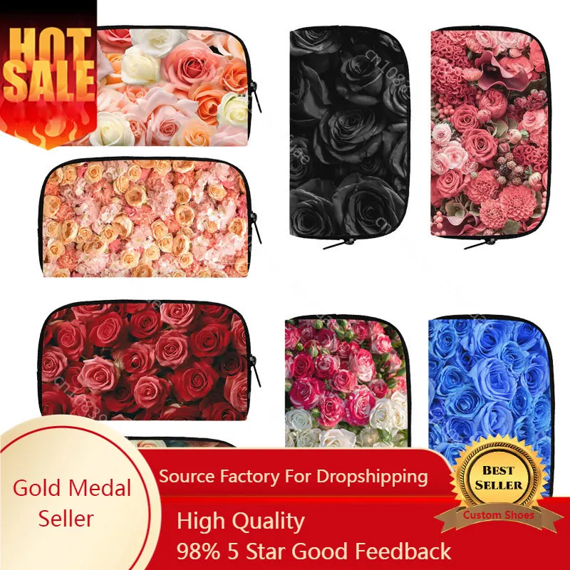 Rose Flower Pattern Print Wallet Blue Rose Purse Key Credit Card Earphone Holder Black Rose Money Bag Long Wallets