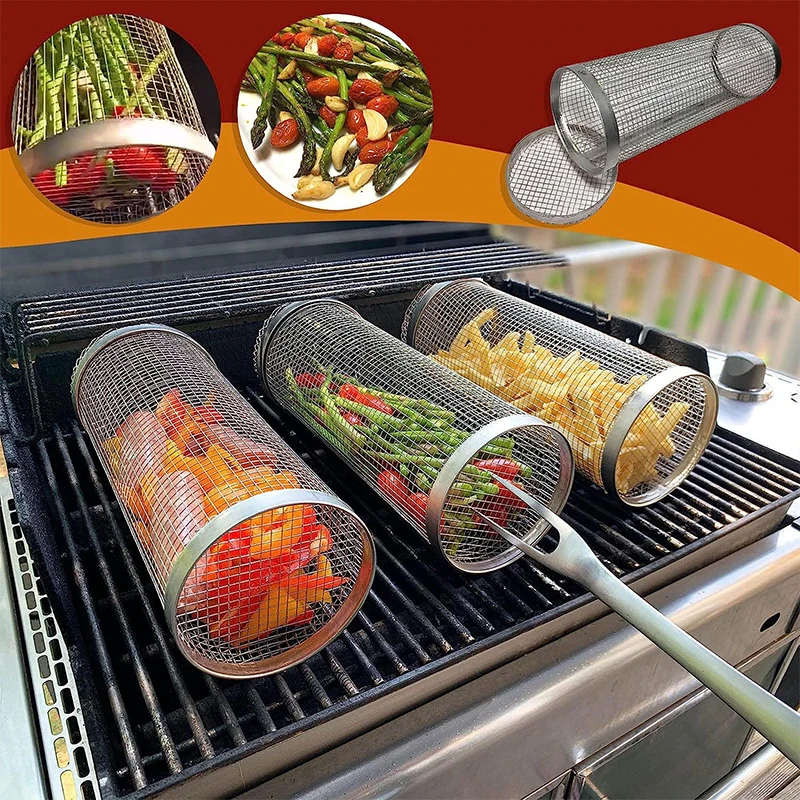 Rolling Grilling BBQ Basket Stainless Steel Mesh Barbecue Rack Outdoor Picnic Camping bbq grilling accessories bbq grilling basket