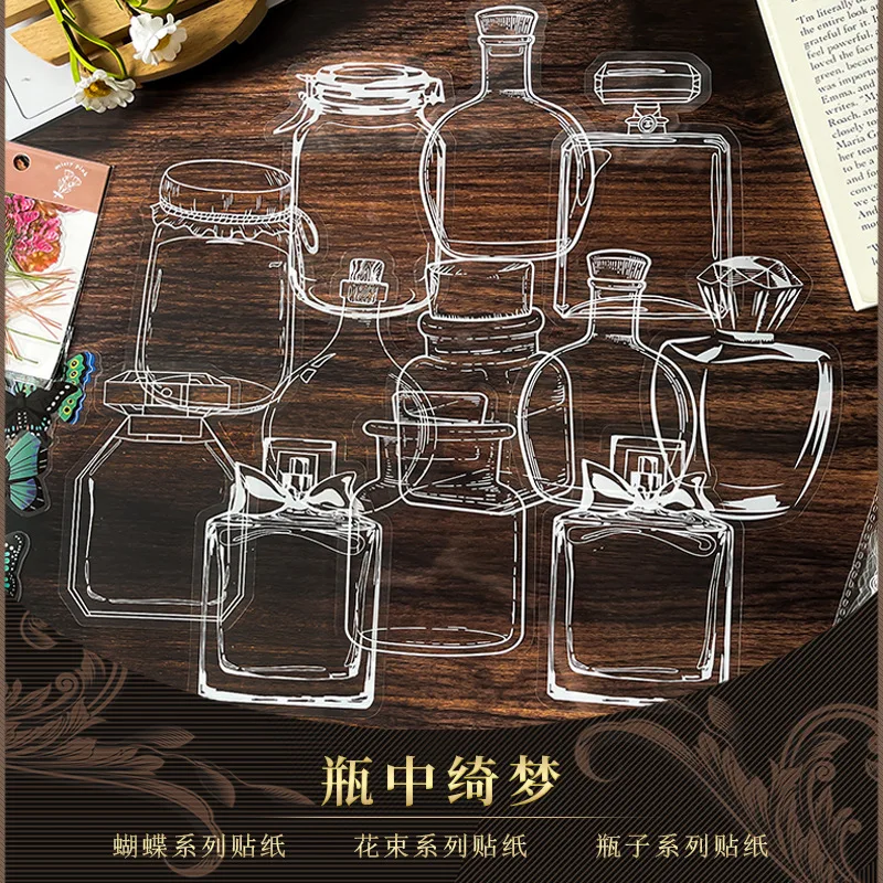 

Children's PET sticker pack bottle dried flowers butterfly handbook stickers clear bookmark glass bottle stickers decoration