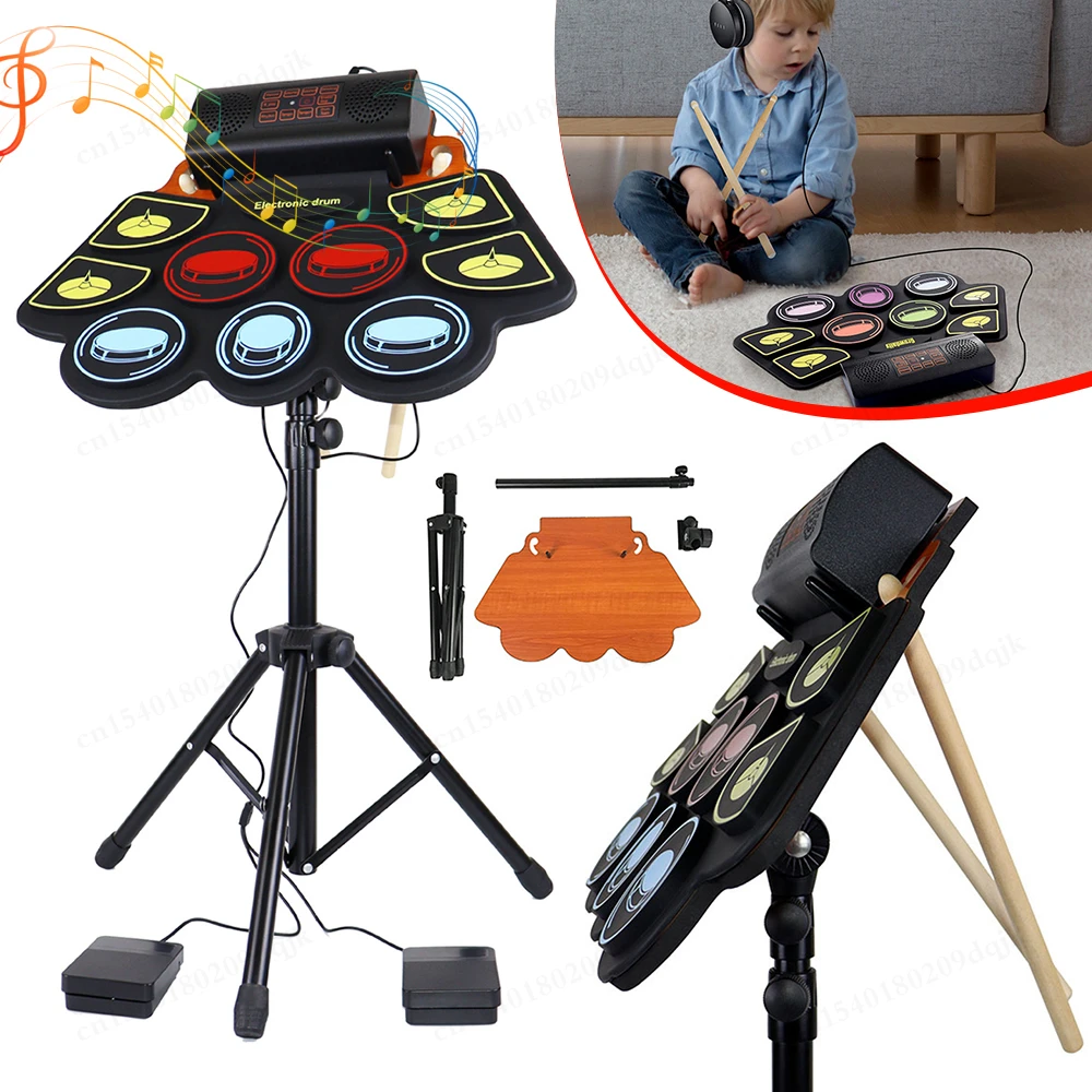 Electric Drum Set Roll-Up Drum Practice Pad Stand Sticks and Pedals Portable Kit Kids Adults Birthday Gift