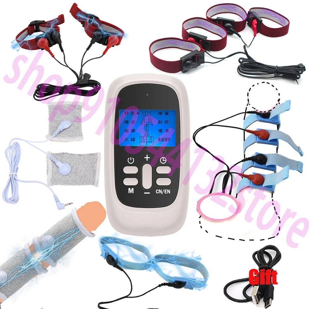 Bdsm Electro Shock Stimulation Penis Ring Conductive Fibers Loops Cock Therapy Enlarge Male Chastity Sex Product USB Charge Host