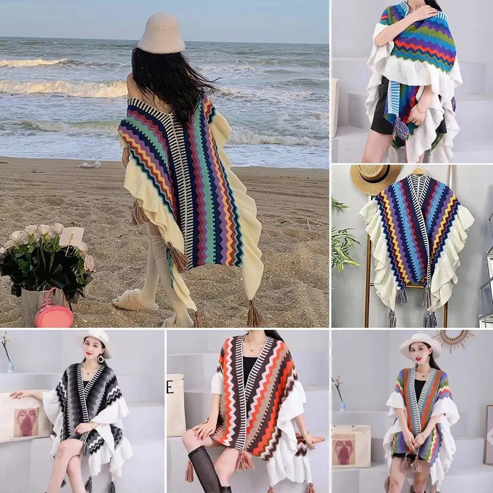 

Fashion Mongolian Poncho Women's Ethnic Style Knitted Cape Cardigan Tassel Shawl Coat Overlays Flounce Knitting Wraps