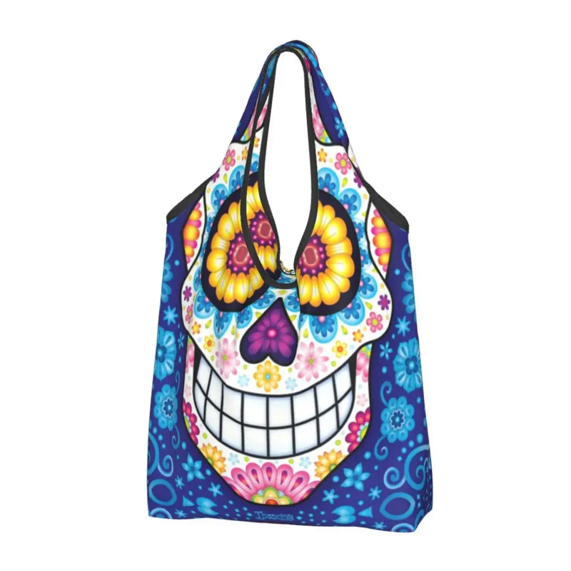 Custom Day Of The Dead Sugar Shopping Women Portable Big Capacity Groceries Mexican Skull Shopper Tote Bags