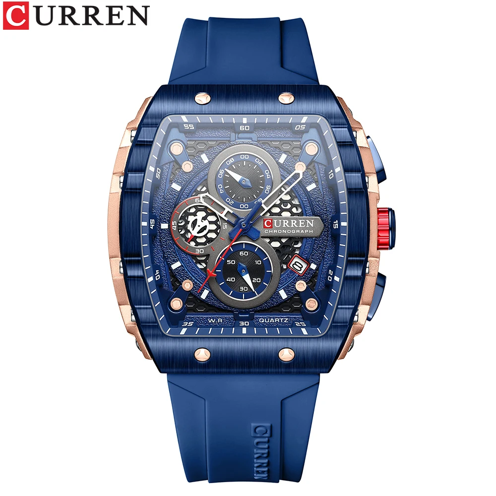 

Fashon Curren Top Brand New Rectangular Hollow Design Quartz Chrongraph And Auto Date Sports Silicone Strap Wrist Watches