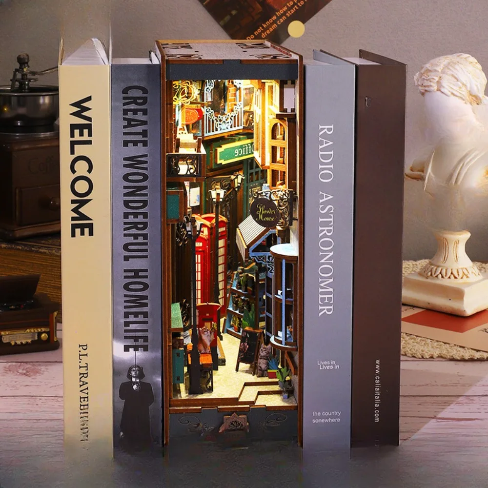 

DIY Wooden Book Nook Shelf Insert Miniature Building Kits Flower Garden Room Bookshelf with LED Lights Bookends Friends Gifts