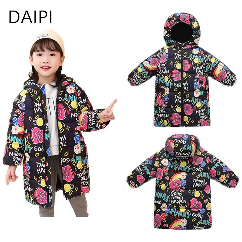 

1-9 Year Down Jacket for Girl Cute Printing Hooded Thick Warm Long Coat new Winter Fashion Children Clothes