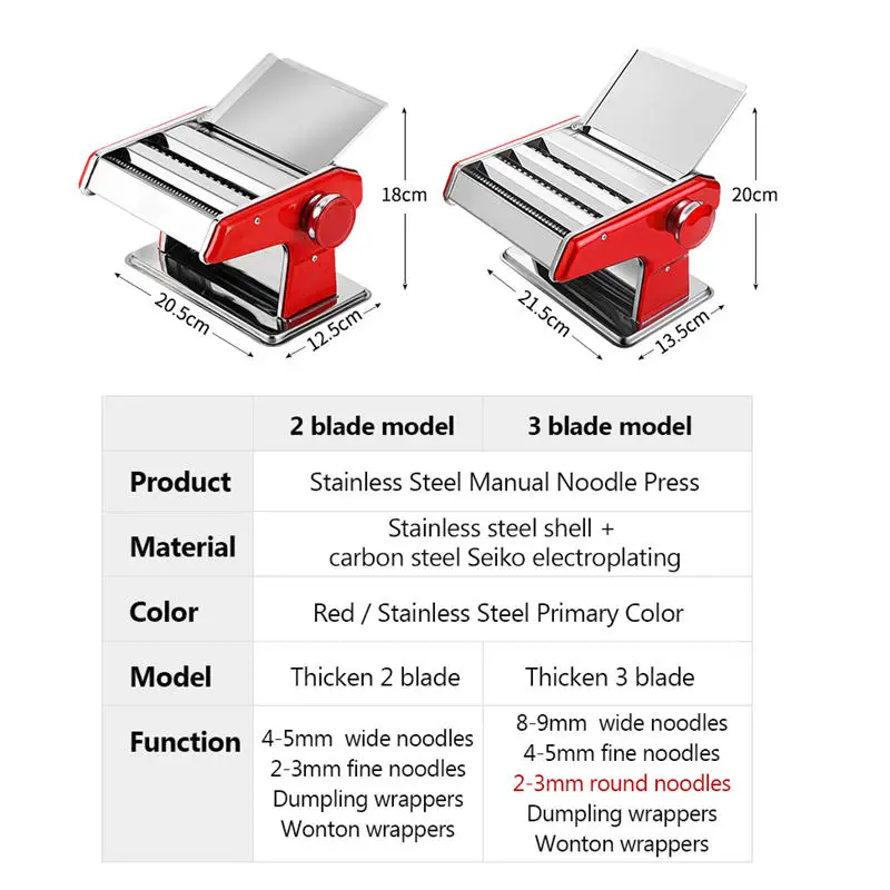 JIQI stainless steel Manual noodle maker 2/3 Blades Pasta Making Machine Spaghetti Pasta Cutter Handheld Operate Noodle Maker