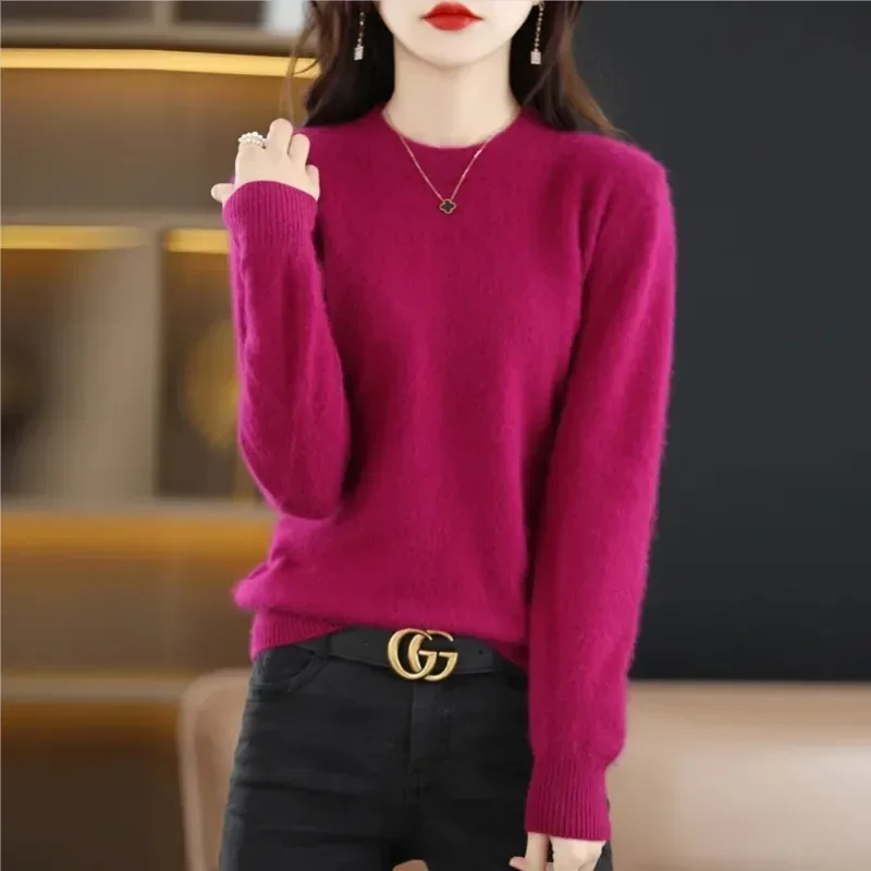 

Women's Round Neck Pure Mink Cashmere Sweater, Long Sleeve Top, Warm Loose Knit Pullover, Monochromatic Base, Autumn, Winter