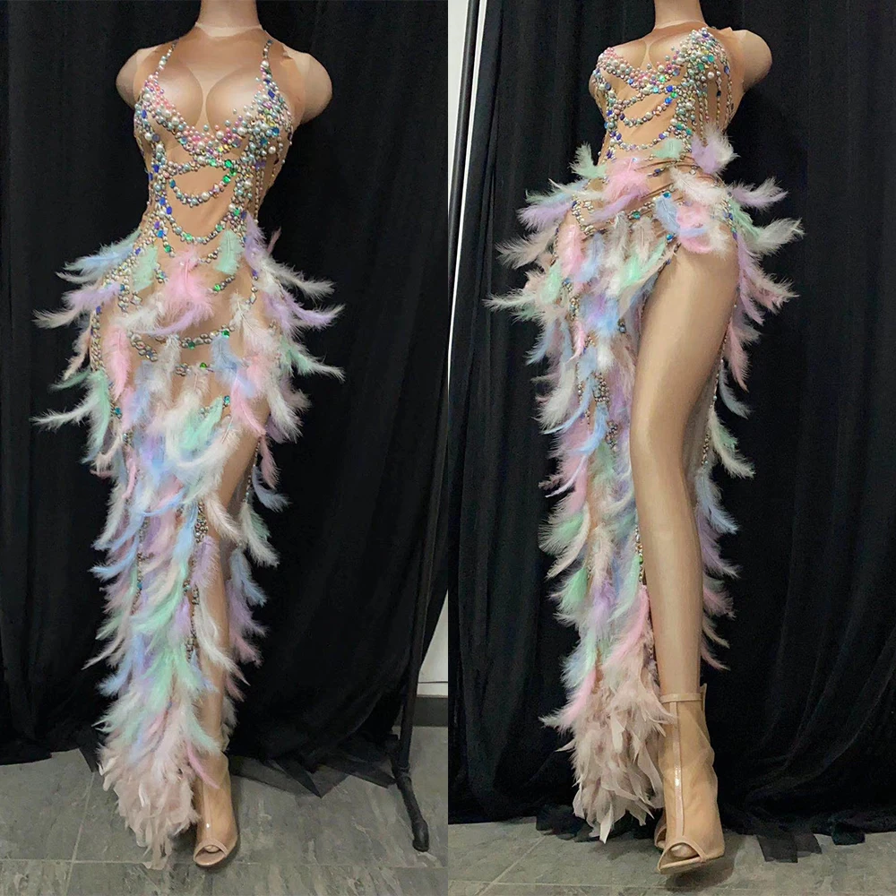 Sparkly Print Feather Long Dress Drag Queen Costume Prom Birthday