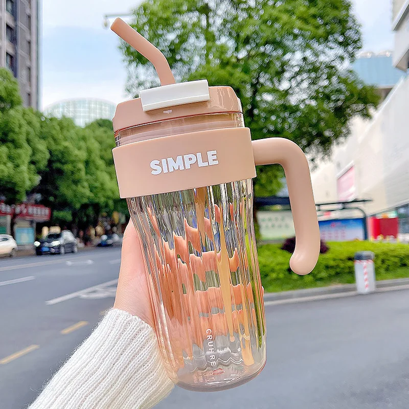 

Simple Large Capacity Handy Plastic Cup High Beauty Girl Office Mug Handle Big Mac Straw Water Cup Couple Drinking Cup