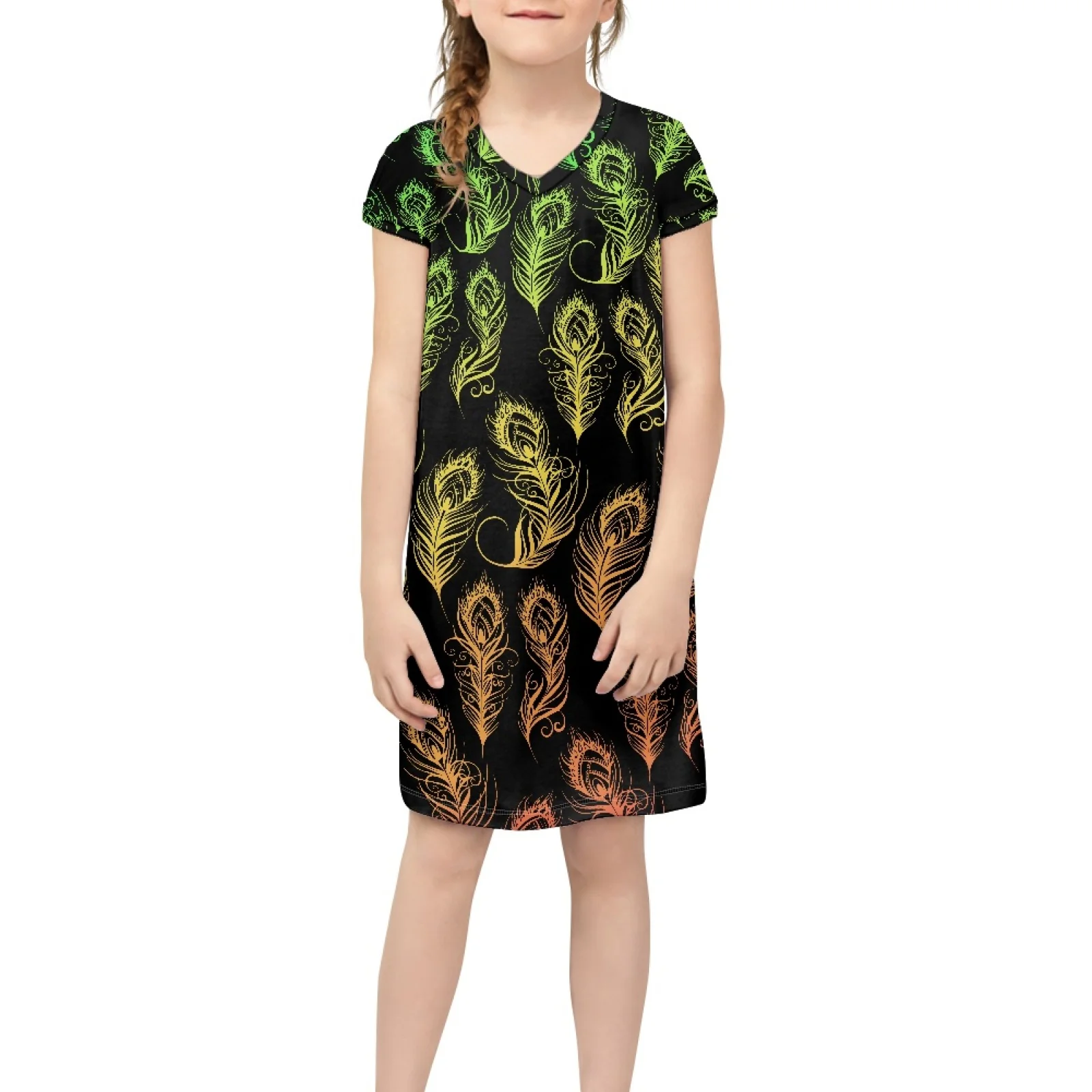 

Color Feather Print Girl Princess Dress Polynesian Short Sleeved V-Neck Dresses Girly Clothing Summer Tops T-shirts And Skirts