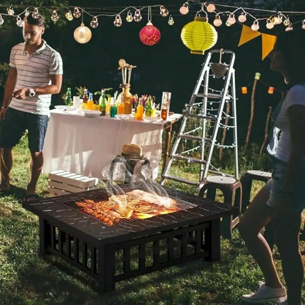 Multifunctional Fire Pit Table 32in Square Metal Firepit Stove Backyard Patio Garden Fireplace for Camping, 2