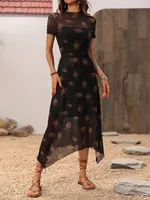 Goth Dark Elegant Fashion Florals Print Short Sleeve Mid Dress Fairy Grunge Mesh Patchwork Double Layer Dresses Gothic Techwear - Image 4
