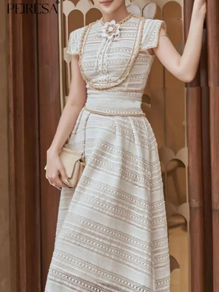 

PEIRESA High Quality Luxury Design Elegant Lace Party Dress Women 2023 New Summer Embroidery O Neck Short Sleeve Midi Dresses