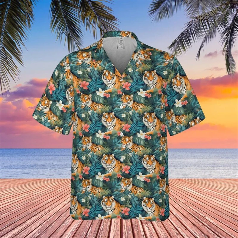 thumbnail image 1 of Camisas con estampado de tigre dominante para hombres, ropa punk, blusas con estampado 3D de animales y gatos, blusas hawaianas con solapa y botones, 1 of 5