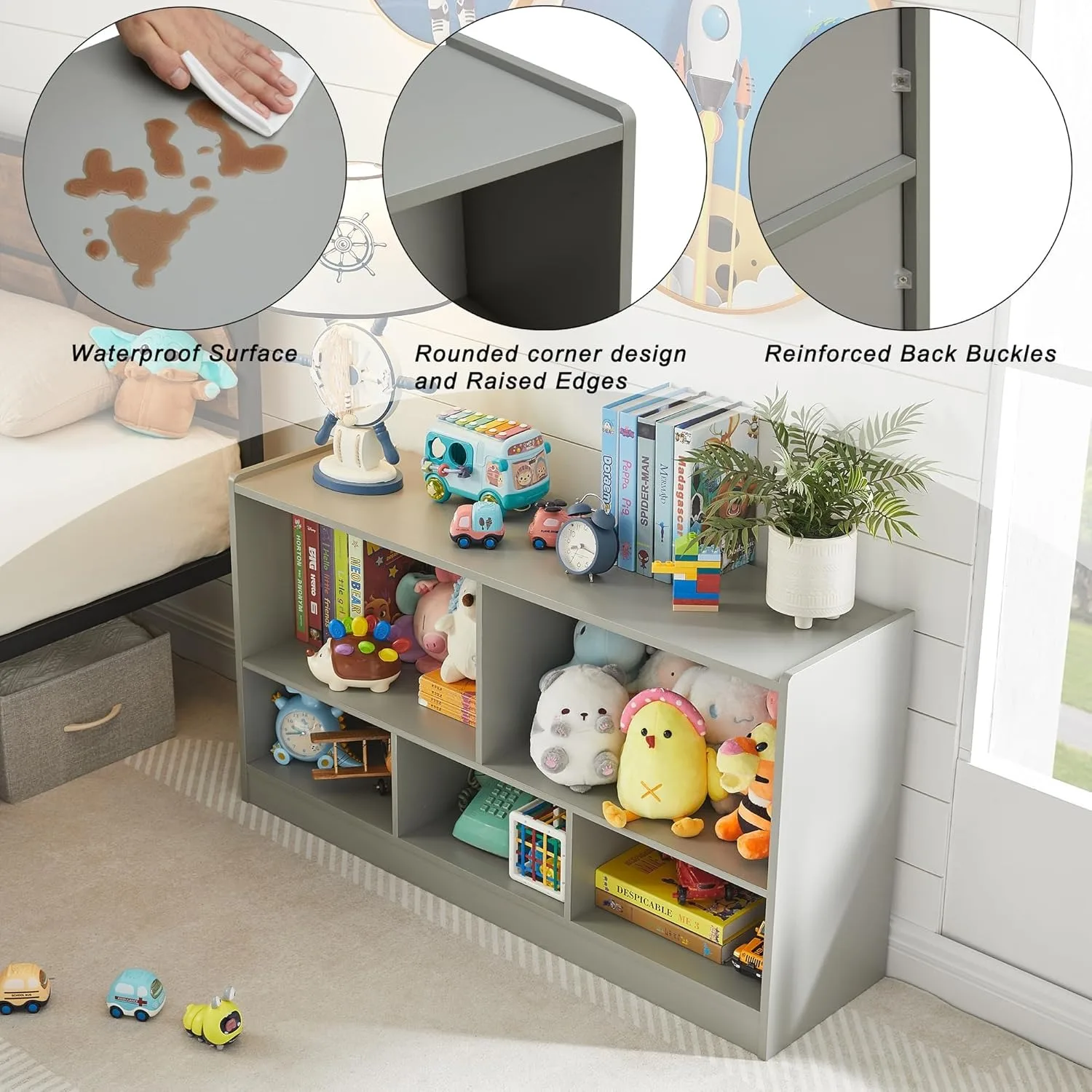 Toy organization and storage, 5-section children's bookshelf for organizing books and toys, game room, daycare (gray) 5