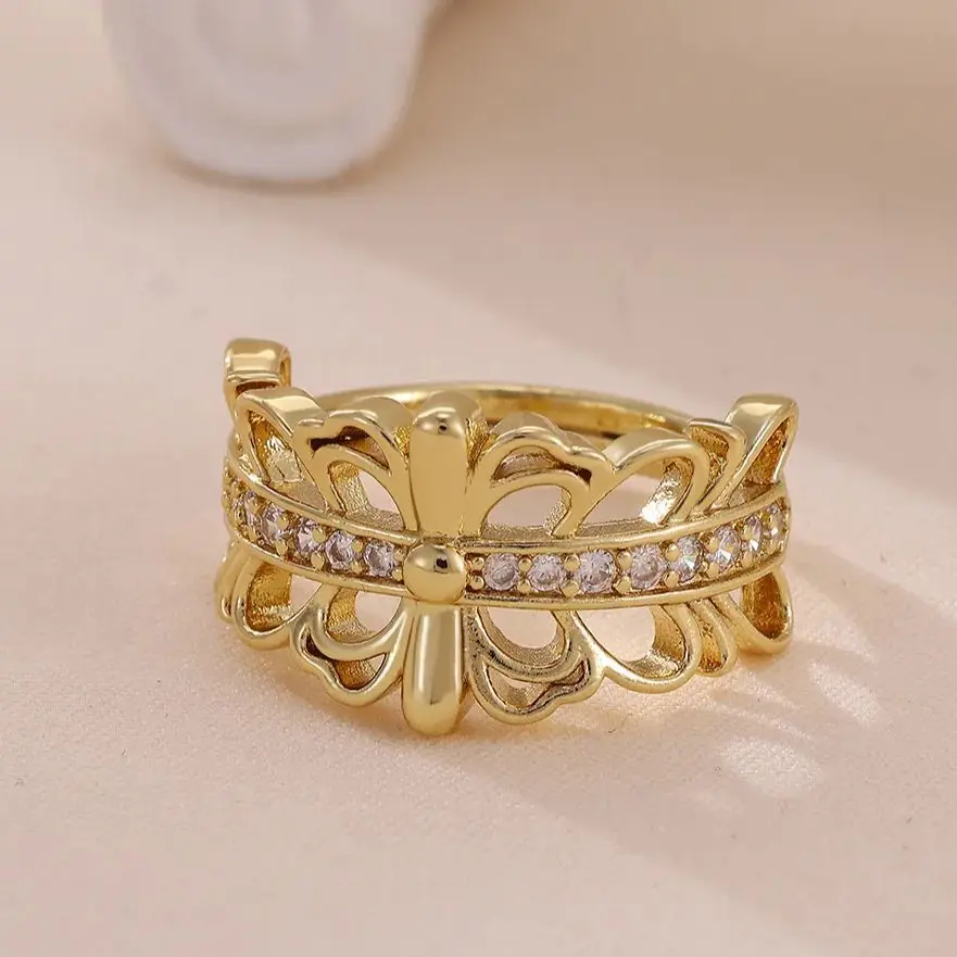 Zircon Butterfly Rings Gold Stainless Steel Hollow Spliced Ring For Women