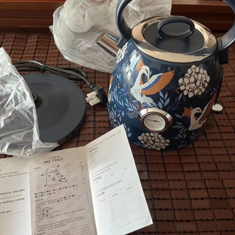 1.7L Retro Automatic Printed Electric Kettle Water Boiler 304 Stainless Steel Anti-dry thermometer1850w 220V 4