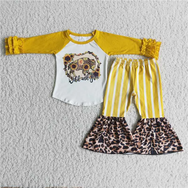 

New Spring Arrival Kids Sunflower Bezoar White Striped Leopard Pants Boutique Wholesale Baby Girls Children Clothing Outfits