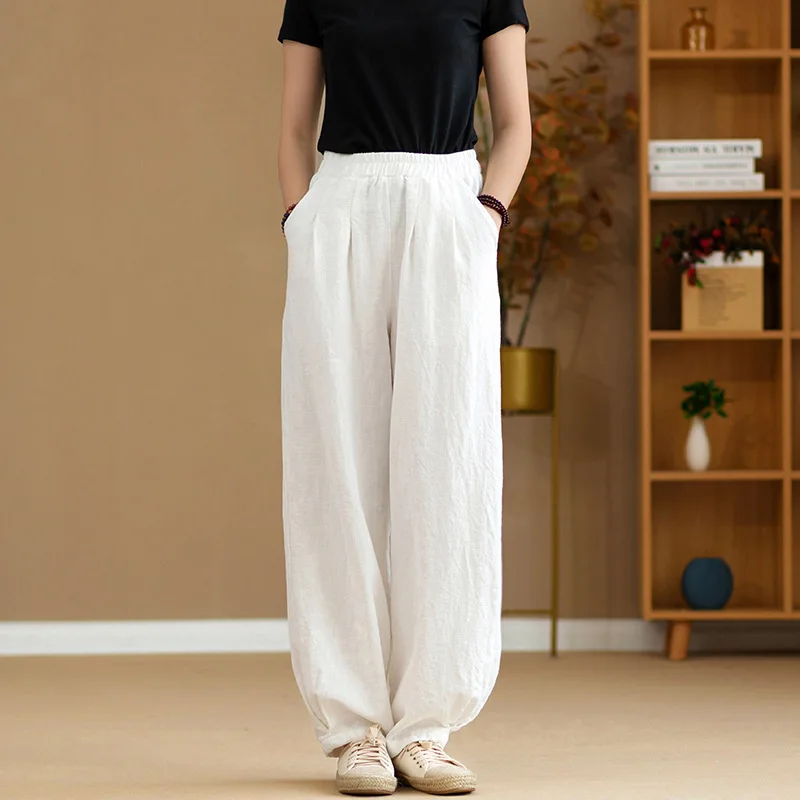 

Casual Simplicity Solid Color Wide Leg Pants Women Summer All-match Vintage Elastic Waist Thin Trousers Loose Female Clothing