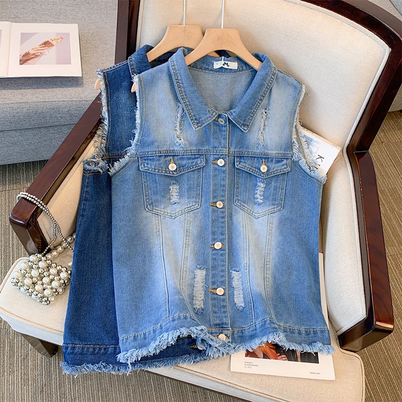 

150Kg Plus Size Women's Bust 152 Spring Autumn Loose Denim Vest Jacket Sleeveless Perforated Vest Blue 5XL 6XL 7XL 8XL 9XL