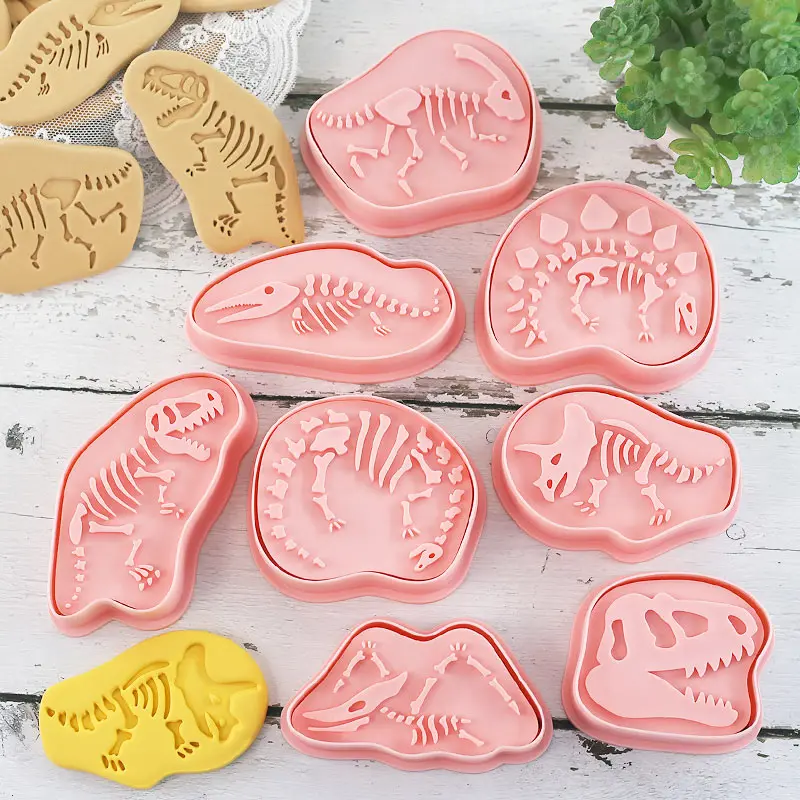 8 Pcs/set Dinosaur fossil Cookie Cutters cookie cutter baking mold cookie mould Plastic 3D Cartoon Pressable Biscuit Mold Cookie Stamp Kitchen Baking Pastry Bakeware