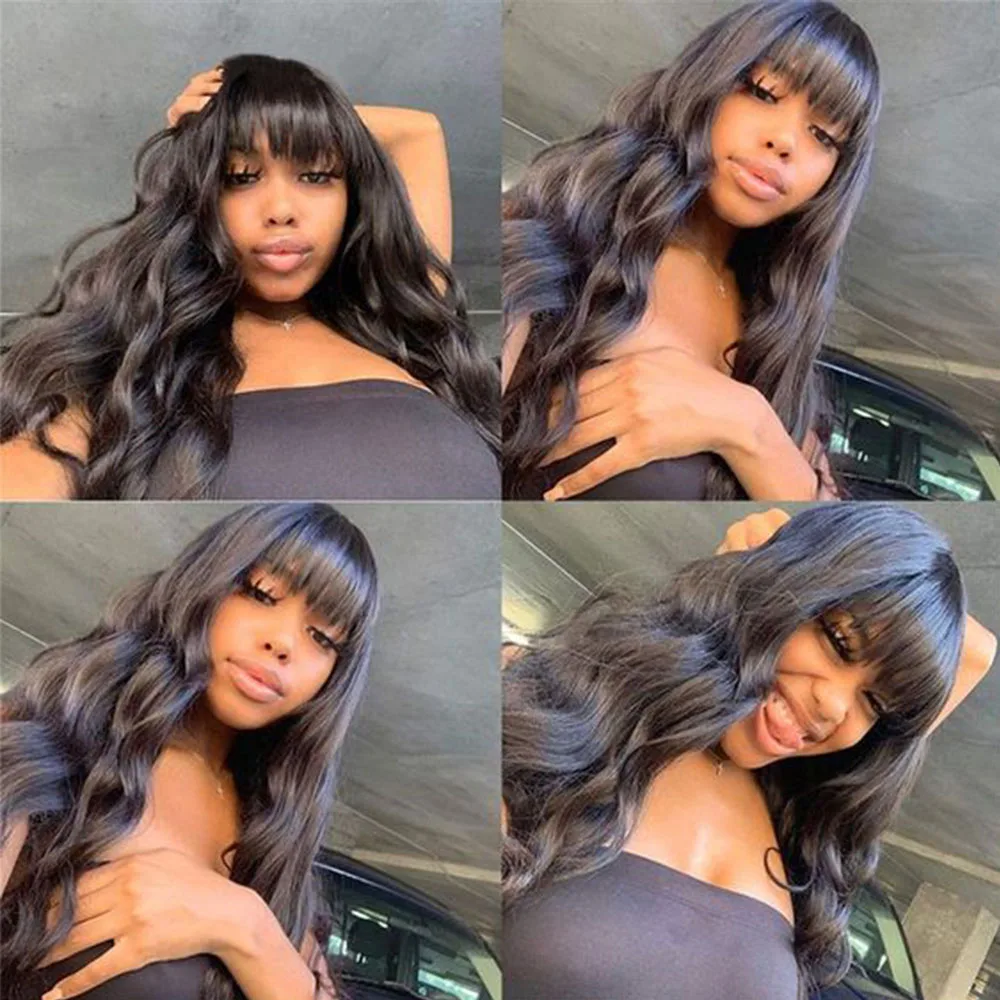 Body Wave Human Hair Wigs With Curtain Bangs Non Lace Black Wigs 30 32 Inch Brazilian Body Wave Remy Human Hair Wig with Bangs