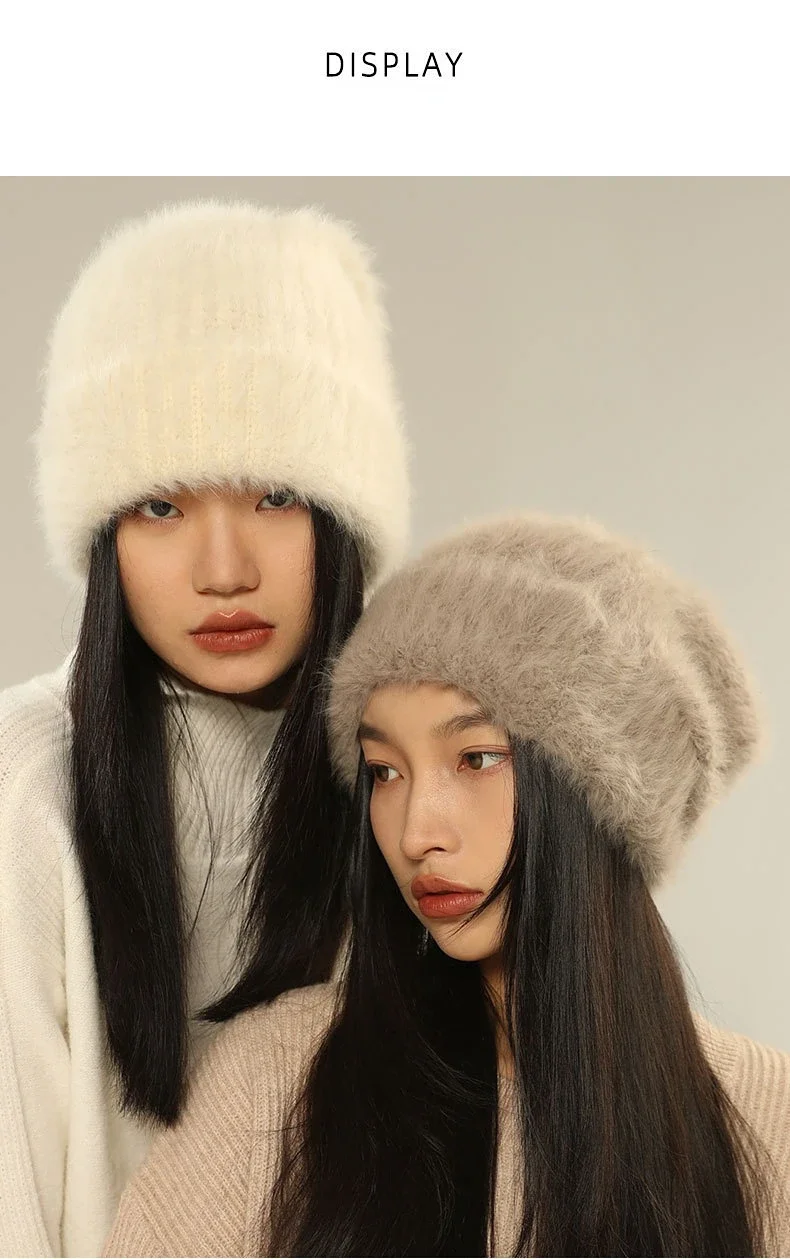 Autumn Winter Women's Wool Soft Fur Warm Oversize Knitted Sullies Cap Outdoor Leisure Solid Beanie Hat Bonnet Gorras_voghion.com