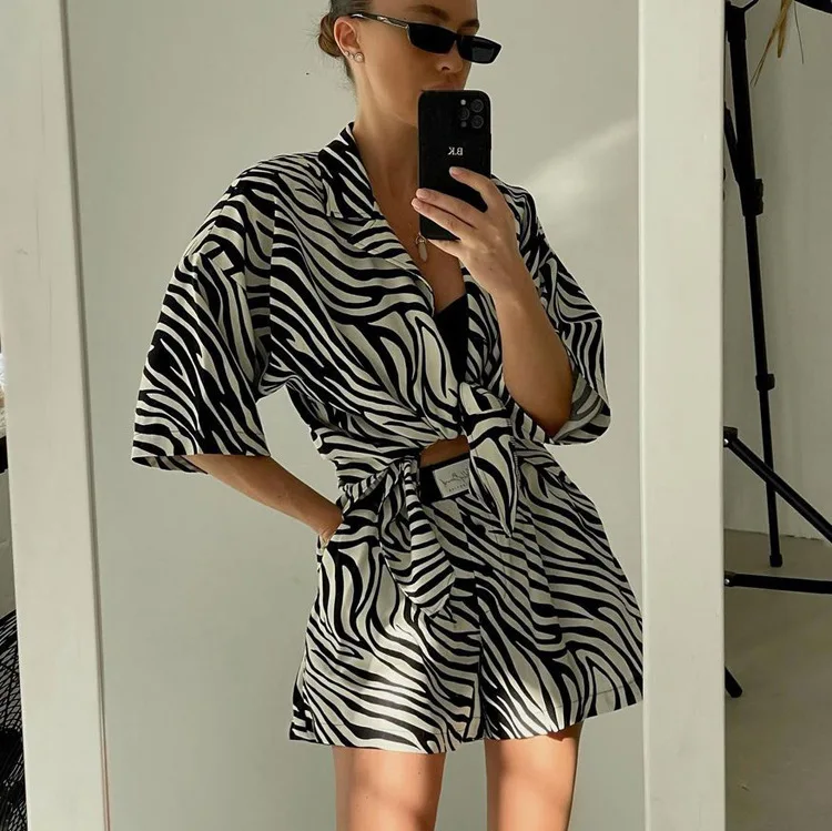 Women Two Piece Sets Outfits Zebra Printed Loose Shirt Tops And High Waist Shorts Set 2025 Casual Streetwear Summer New