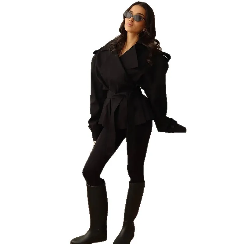 Jackets Coat Women Autumn Outerwear Turn Down Collar Lace Up Tight Waist Slim Female Jacket Office Lady High Street Overcoat - 5