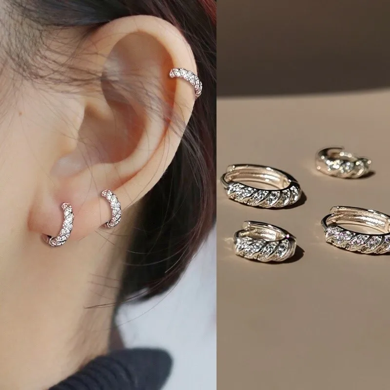 Silver Color Twists Cubic Zirconia Hoop Earrings for Women Simple Trendy Daily Party Jewelry Accessories