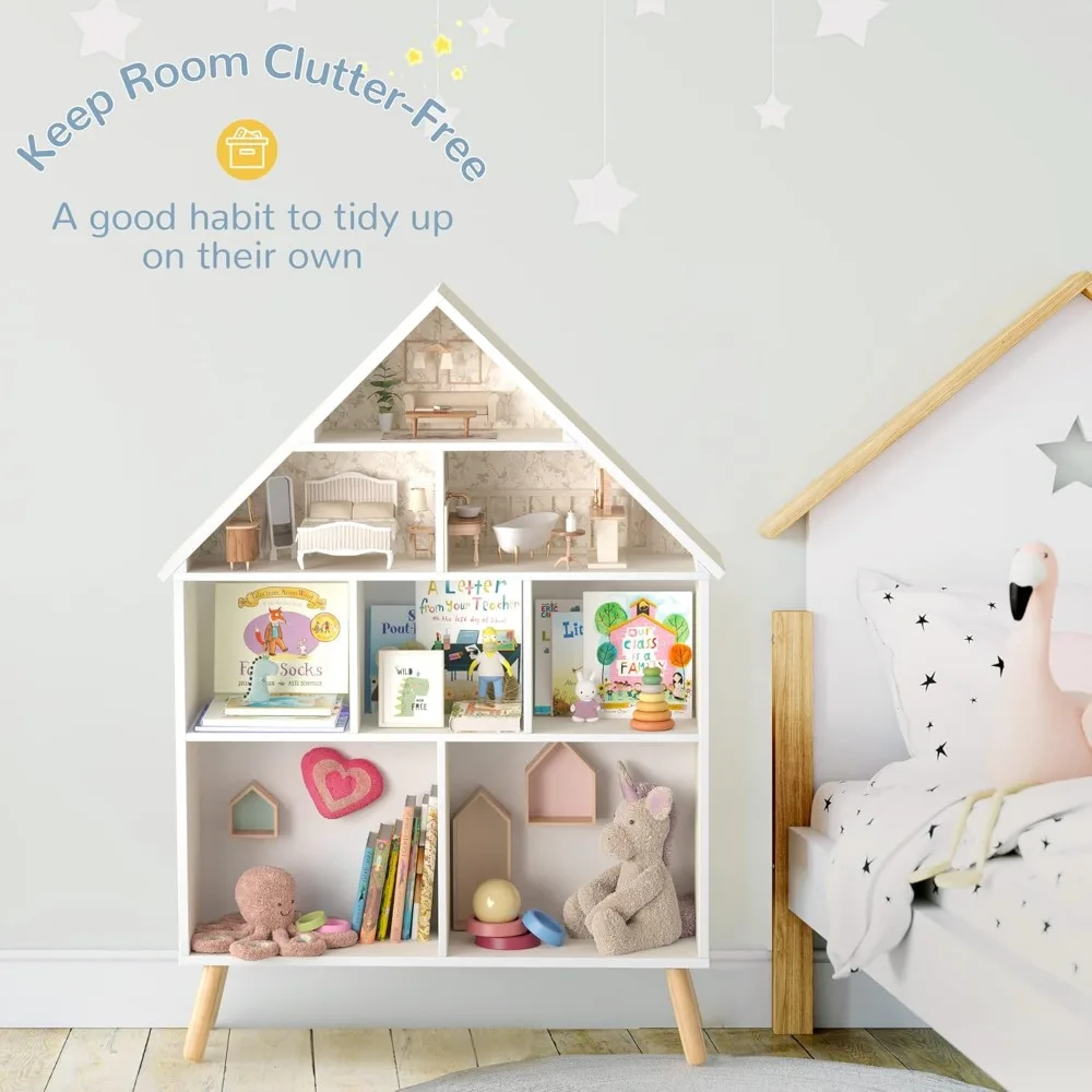 Kids Dollhouse Bookshelf and Baby Storage - Wooden Stand Dollhouse Bookcase with 4-Tier Storage Display Organizer, Children Book 6