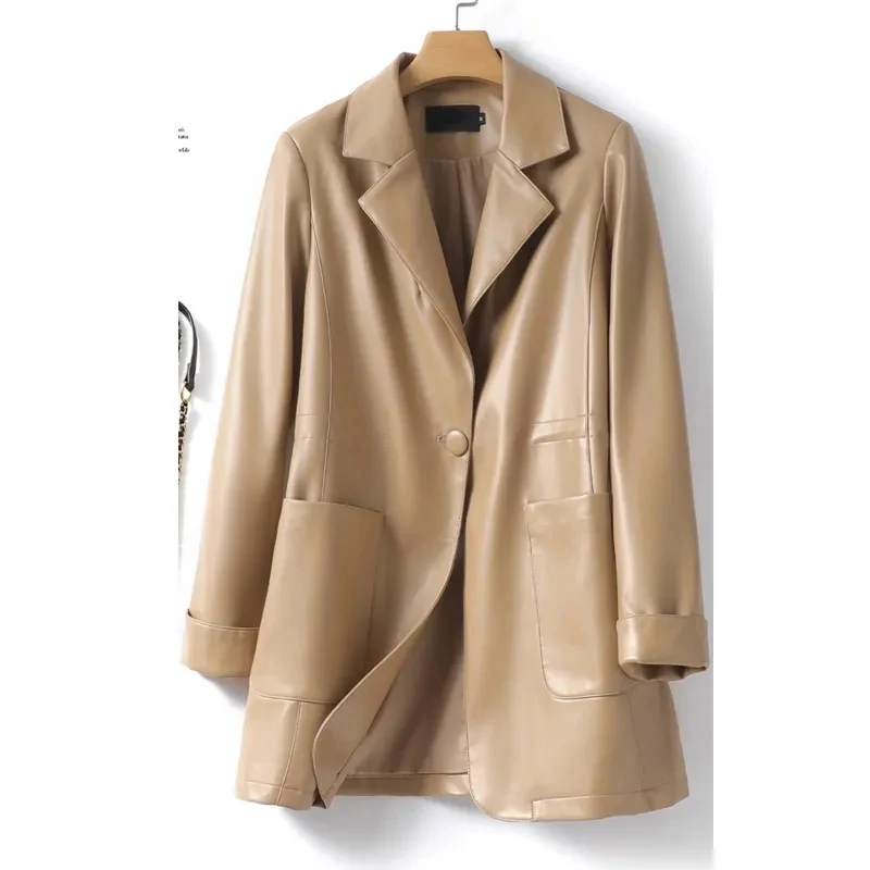 

Julypalette Women Sheepskin Blazer Jacket Coats 2023 Fall New Mid Length Chic Single Button Casual Ladies Real Leather Outwear
