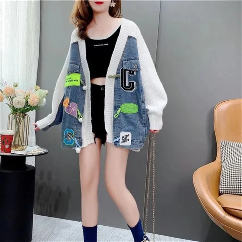 

Женский джинсовый свитер в стиле пэчворк, кардиганы, новинка сезона осень-зима 2023, свободная вязаная женская куртка, свитер, модное пальто в Корейском стиле