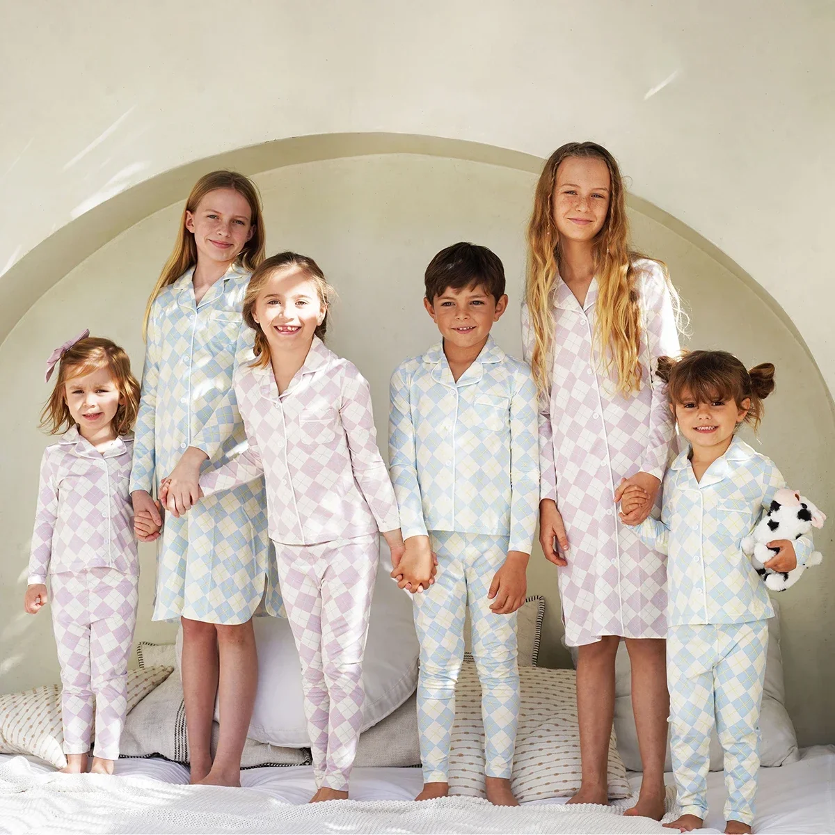 AP 2025 spring summer argyle plaid soft dress set footie pjs family matching clothing 2