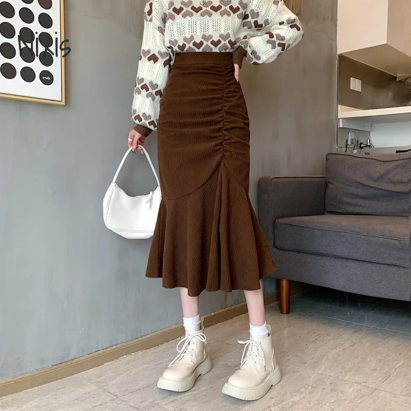 autumn women half high frill ruched Corduroy Fishtail Skirt for Women Spring Autumn Elegant Ruffle Ruched Brown Midi Skirts Fashion Slim Fit Bottoms Female Clothes