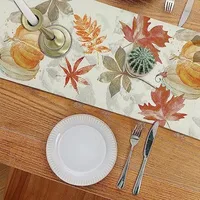 Autumn Pumpkin Maple Leaf Watercolor Retro Table Runner Thanksgiving Harvest Home Kitchen Dining Party Decor Washable Table Flag 4