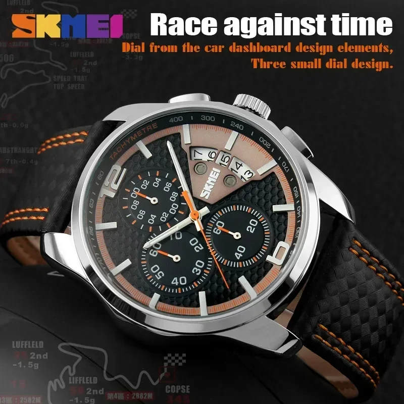 SKMEI 9106 Waterproof Quartz Sport Watch for Men Luxury Leather Date Calendar Stopwatch Wristwatches Mens Shockproof Clock
