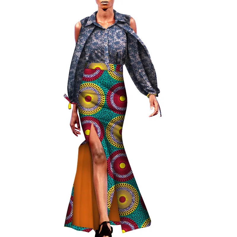 2 Piece Set African Clothes for Women Fashion African Women Long Split Skirts and Blouse Tops Lady Elegant Outfits Bazin WY7431 bazin riche african suit for men outfit set ankara style plus size short sleeve blouse and pants 2 piece tracksuit a2116020