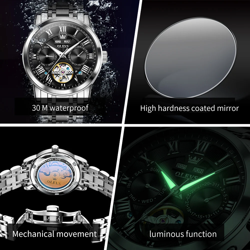 OLEVS 6668 Watch For Men Auto Date Luxury Hollow Skeleton Roman Scale Men's Wristwatch Original Waterproof Mechanical Man Watch