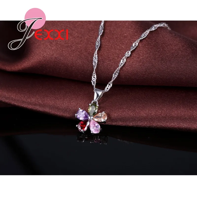 5 Color Petal 925 Sterling Silver Pendant Necklace Earrings Ear Sets Wedding Bridal Cubic Zirconia Crystal Jewelry Sets